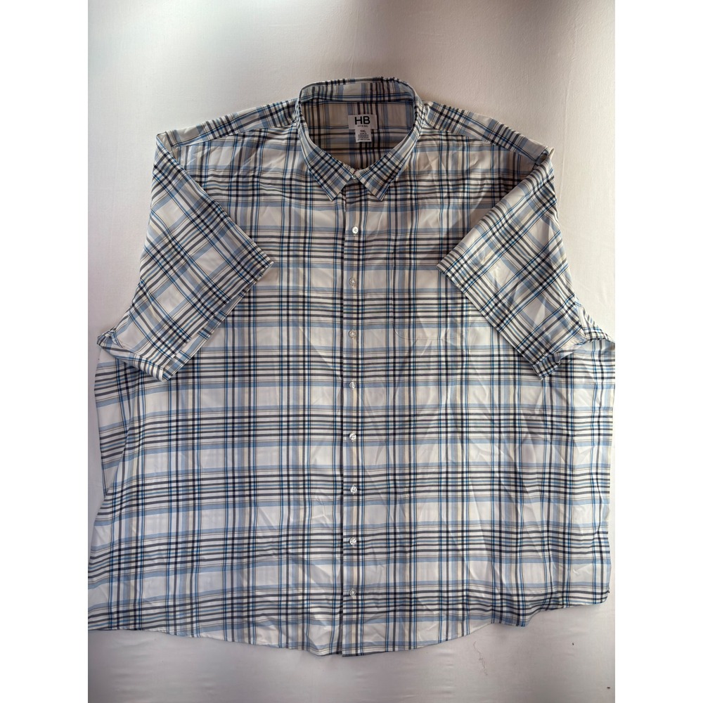 HB Fit by DXL Mens 5XL Blue Plaid Short Sleeve Button Up Down Shirt Big & Tall